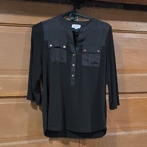 Carmen Marc Valvo Black 3/4 Sleeve Button Placket Blouse